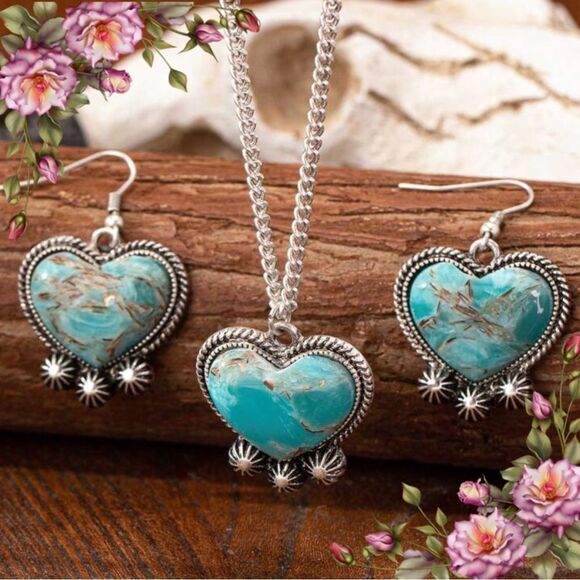 3 Pcs Fake Blue Turquoise Stone Decor heart Pendant Necklace Earring Jewelry Set - Picture 1 of 9